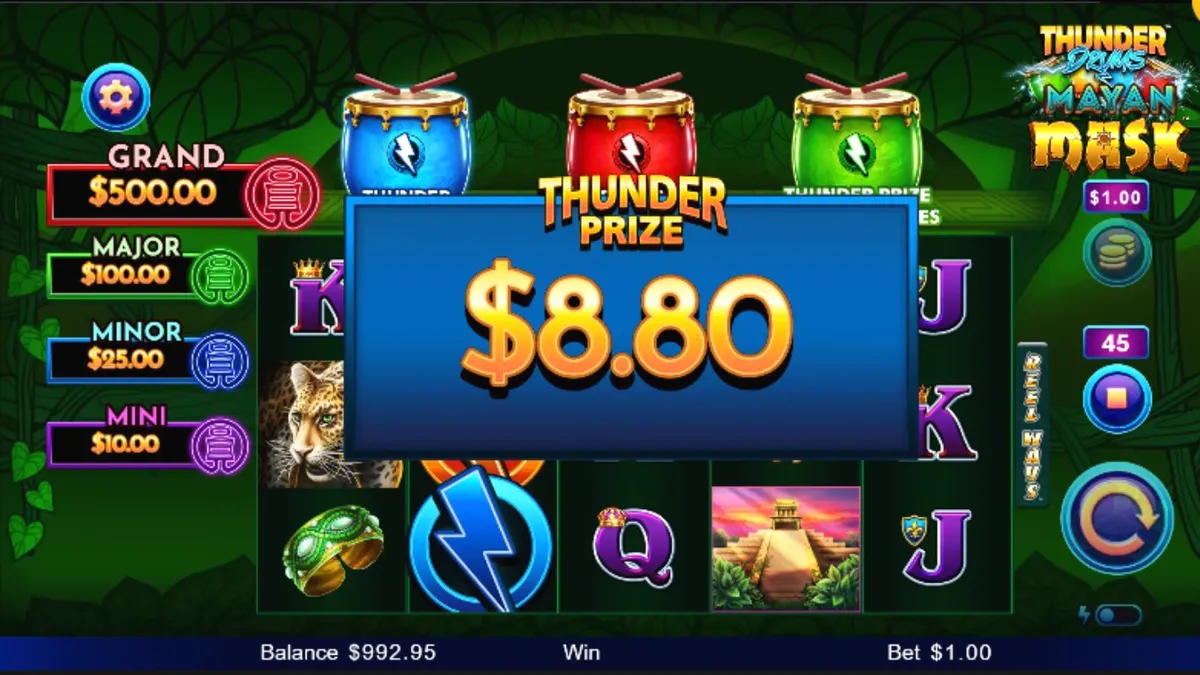 Tampilan visual slot Thunder Drums Mayan Mask dengan nuansa kuil Maya dan efek petir
